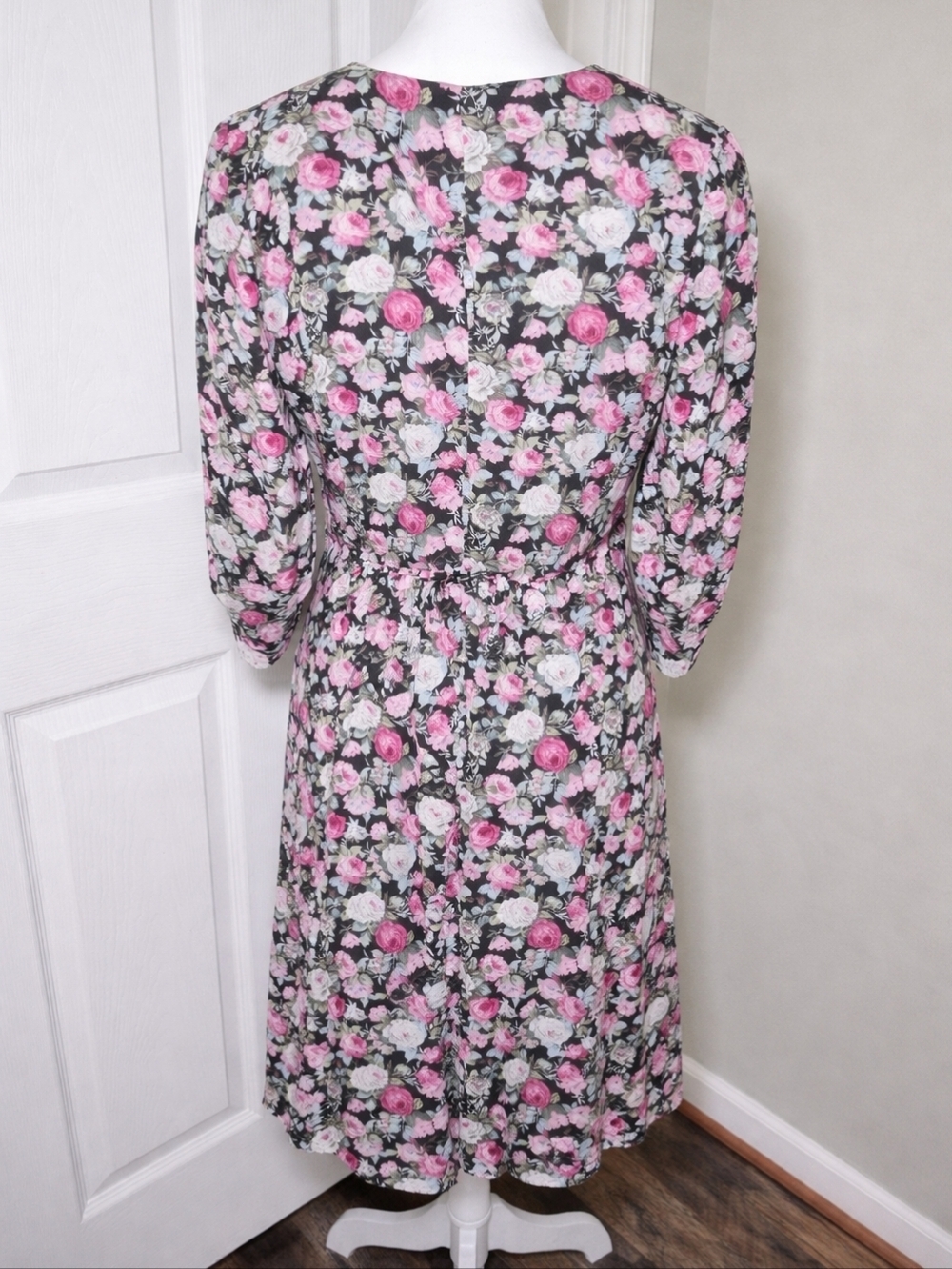 Vintage 90s D.B.Y Floral Midi Dress Black Pink Roses Square Neck Cottagecore Rom - Picture 6 of 10